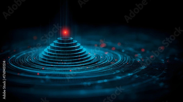 Fototapeta Futuristic technology pyramid radiating power, modern data visualization with glowing red node, digital network concept, innovation and connectivity