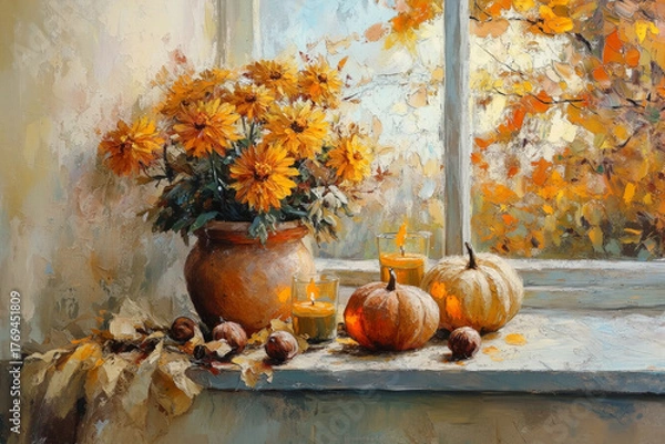 Fototapeta Autumn still life with pumpkins, flowers, candles, and window light
