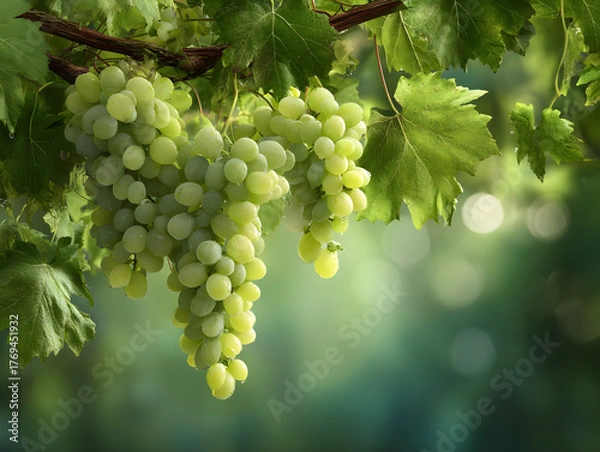 Fototapeta Luscious green grapes dripping with dew hang from a vine, ready for harvest, evoking freshness and natural bounty.