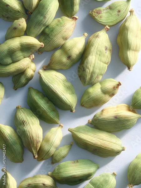 Fototapeta Vibrant green cardamom pods scattered artfully, showcasing natural texture and aromatic spice for culinary inspiration and health benefits.