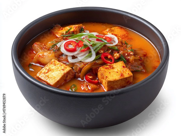 Fototapeta Hearty and flavorful Korean stew with tofu, kimchi, and chili peppers, served in a dark bowl.