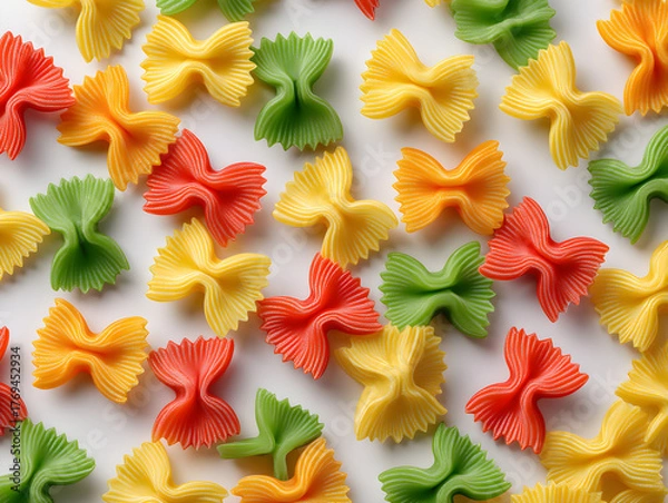 Fototapeta Vibrant farfalle pasta scattered in playful arrangement, perfect for culinary inspiration and food design projects.