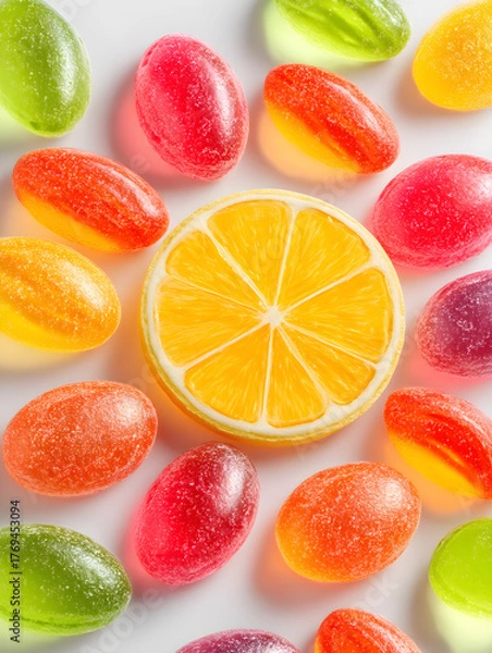 Fototapeta Vibrant assorted fruit candies scattered around a juicy lemon slice, creating a delightful and colorful arrangement perfect for sweet treats and confectionary themes.