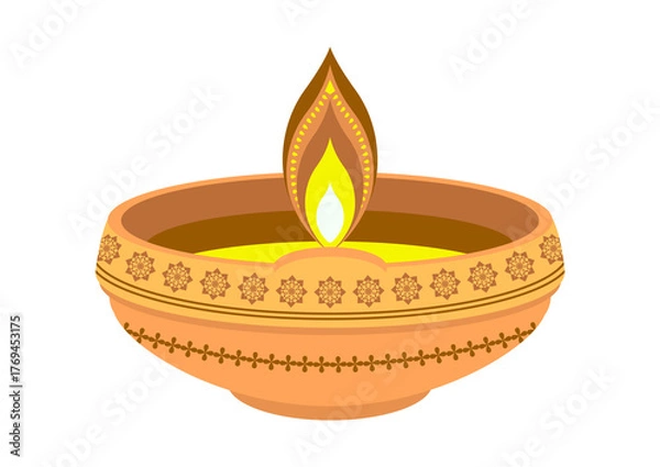 Obraz Traditional clay diya lamp with flame isolated on transparent background