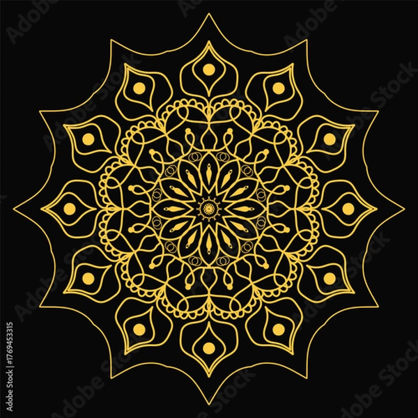 Fototapeta Ornamental round lace pattern vector art illustration with floral mandala design on a black background