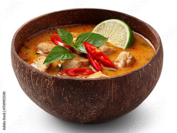 Fototapeta Spicy coconut curry served in a rustic bowl with fresh lime and chili garnish