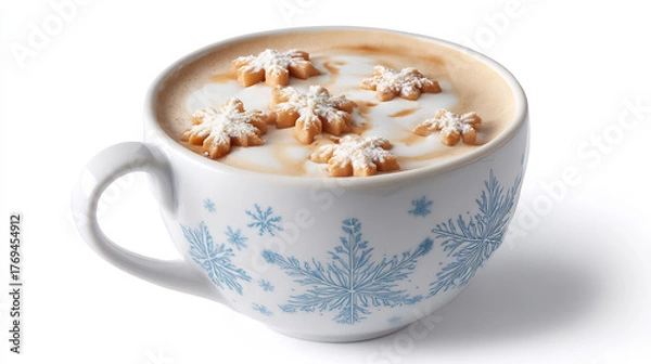 Fototapeta Cozy winter latte topped with delicate snowflake cookies and dusted with powdered sugar.
