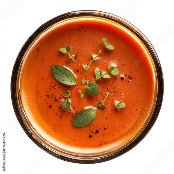 Fototapeta Warming bowl of rich tomato soup garnished with fresh herbs, a comforting classic.