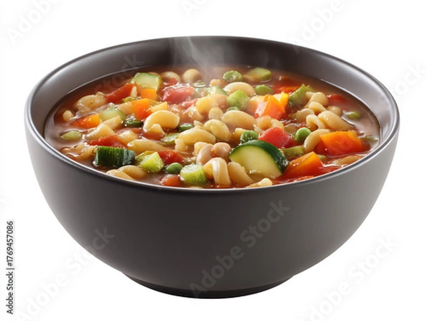 Fototapeta Hearty and healthy vegetable pasta soup steaming in a dark bowl, perfect for a comforting meal.