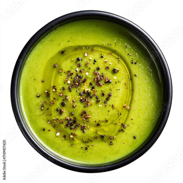 Fototapeta Vibrant green vegetable soup with olive oil drizzle and cracked pepper, served in a dark bowl.