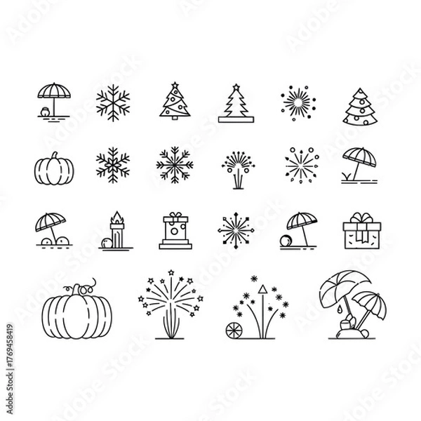 Fototapeta Set of outline icons about holidays and events editable stroke vector illustration