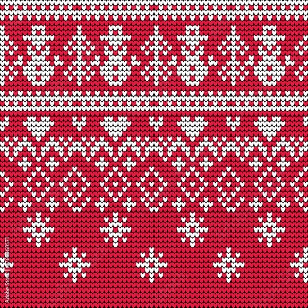 Fototapeta Red Knitted Christmas Pattern with Snowmen and Nordic Ornaments Seamless Winter Sweater Design
