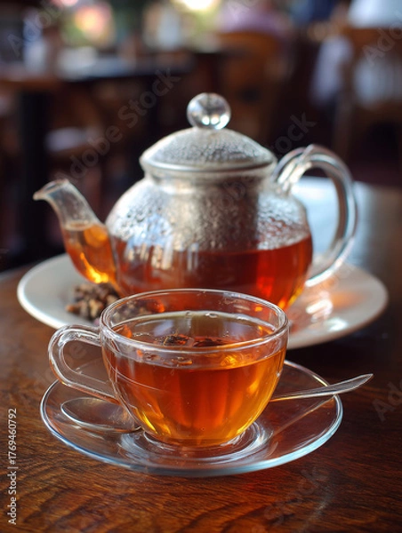 Obraz close-up of clear glass teapot and teacup filled with amber tea on wooden table in cozy café setting with soft lighting and blurred background for warm and inviting tea moment