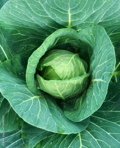 Fototapeta Green leaf background in close-up, natural foliage texture for eco design. Fresh young cabbage close-up, natural green vegetable texture, healthy organic food background.