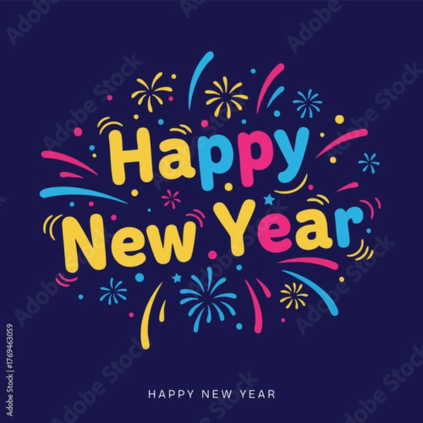 Fototapeta Happy New Year Celebration Vector Art | Festive Social Media Post Design with Fireworks, Balloons, and Modern Typography