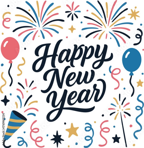 Fototapeta Happy New Year Celebration Vector Art | Festive Social Media Post Design with Fireworks, Balloons, and Modern Typography