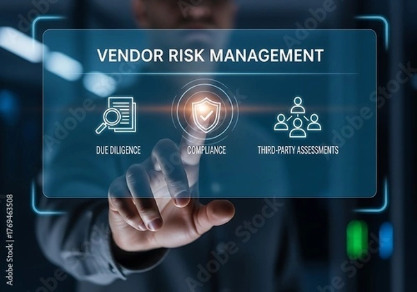 Fototapeta A professional selecting vendor risk management on a digital interface, showcasing due diligence, compliance, and thirdparty assessments for business security