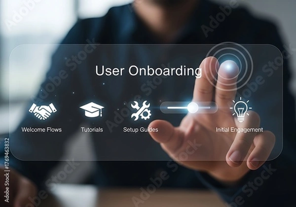 Fototapeta A person is interacting with a digital interface displaying user onboarding process, including agreement, training, setup options, and user engagement for a seamless experience