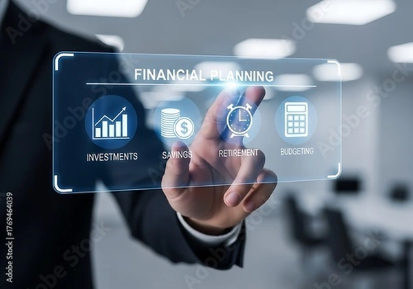 Fototapeta A person is interacting with a financial planning interface, displaying investment, saving, and budget options for effective money management and achieving financial goals