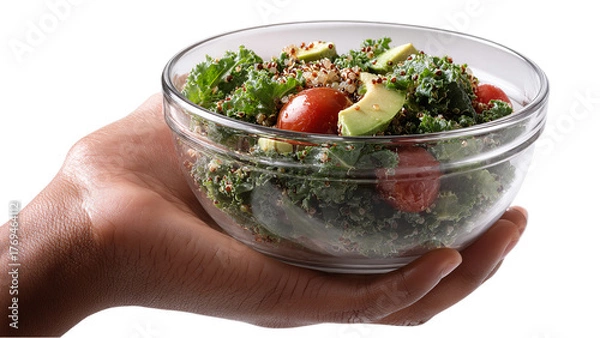 Fototapeta Close up of a hand holding a glass bowl filled with vibrant healthy quinoa salad featuring kale tomatoes and avocado isolated on transparent background