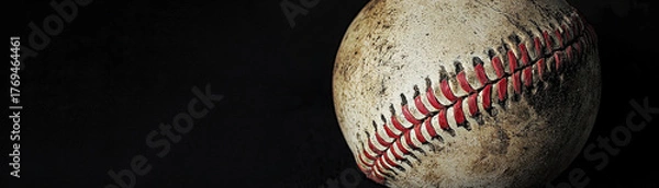 Fototapeta Worn baseball on dark background, showcasing its texture and stitching details, evokes sense of nostalgia and passion for game