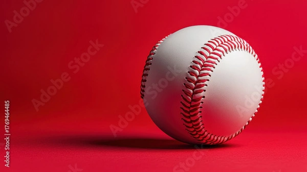Fototapeta Baseball on bright red background, showcasing its detailed stitching and smooth surface, evokes sense of excitement and sport