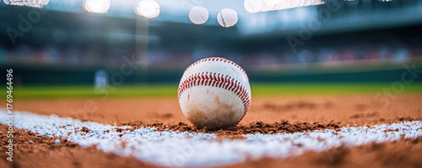 Fototapeta Baseball resting on home plate with blurred stadium lights in background creates exciting atmosphere for game