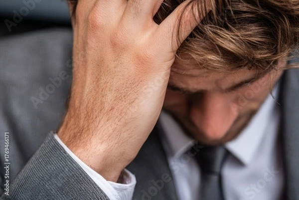 Fototapeta Close-up of businessman touching his temple with a frustrated expression, representing stress and challenge.