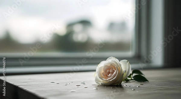 Obraz Delicate white rose lying on a wooden surface near a window with a blurred background