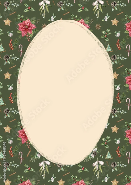 Fototapeta Watercolor Christmas retro border of poinsettia, spruce branches and fir cones. Hand painted holiday card of flowers and plants isolated on beige background. Illustration for design, print, background