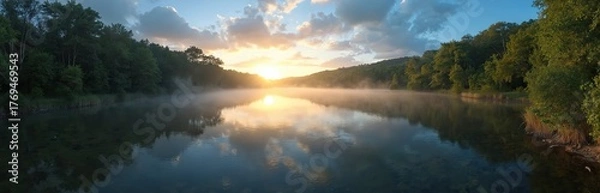 Fototapeta Sunrise mist drifts over calm lake water reflecting sky clouds and trees. Green forested hills border serene river at dawn. Gentle light breaks through mist creating peaceful morning atmosphere.