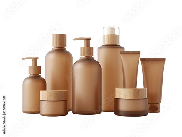 Fototapeta A collection of elegant, minimalist brown skincare bottles and jars, perfect for branding and product display