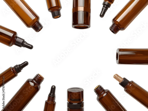 Fototapeta Amber Glass Bottles Cosmetic Packaging Mockup for Essential Oils and Serums