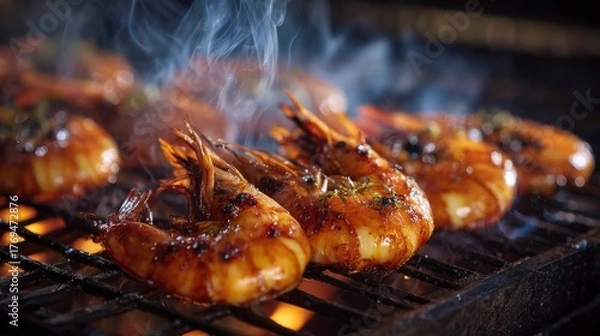 Fototapeta Grilled Shrimp on Barbecue Grill Producing Steam Indoors with Smoky Background and Delicious Glaze Capture of Fresh Seafood Cooking Culinary Delight