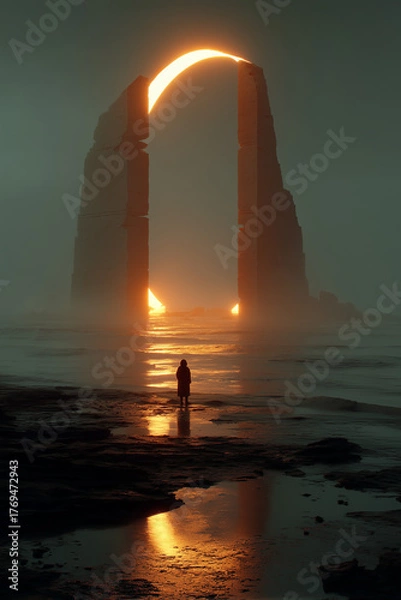 Obraz Lone Traveler Before Ancient Portal on a Shattered World – Epic Sci-Fi Fantasy Scene