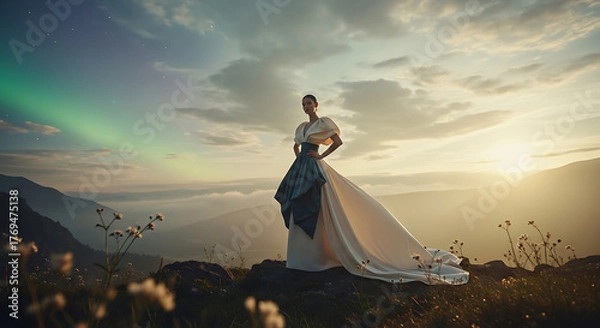 Obraz Elegant woman in a wedding dress standing on a mountain peak with aurora borealis in the background at sunset