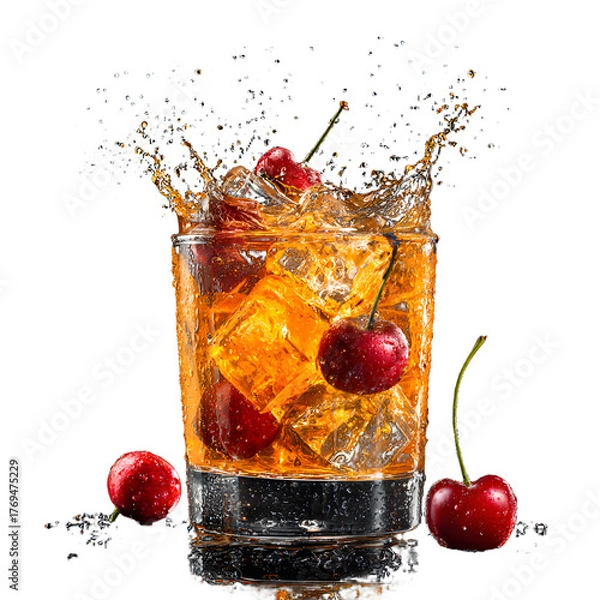 Obraz Refreshing Orange Cherry Splash in Glass with Ice Cubes for Beverage Marketing Collaterals