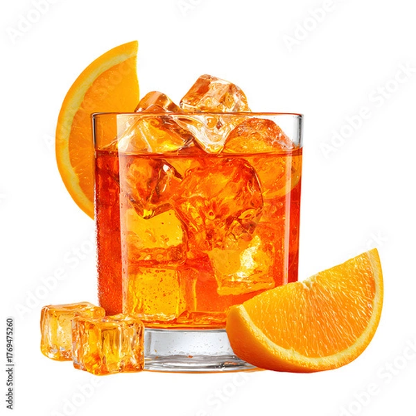 Fototapeta Refreshing Orange Cocktail with Ice and Fresh Slice on Wooden Background