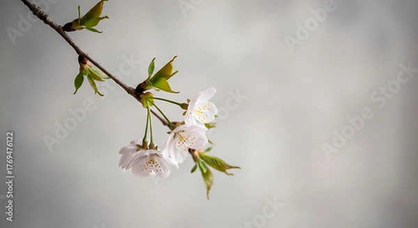 Obraz Delicate white cherry blossoms on a branch against a soft grey background creating a serene and elegant spring image