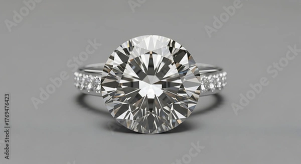 Obraz Elegant diamond ring with a large, round cut stone, set on a silver band, isolated on a gray background