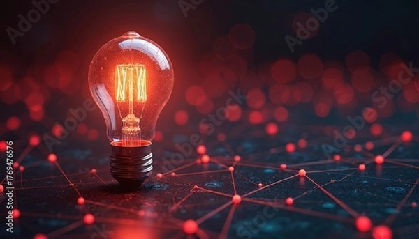 Fototapeta Glowing light bulb with filament and digital network of red dots and lines. Abstract background symbolizes innovation, connection, and creative ideas. Futuristic concept.
