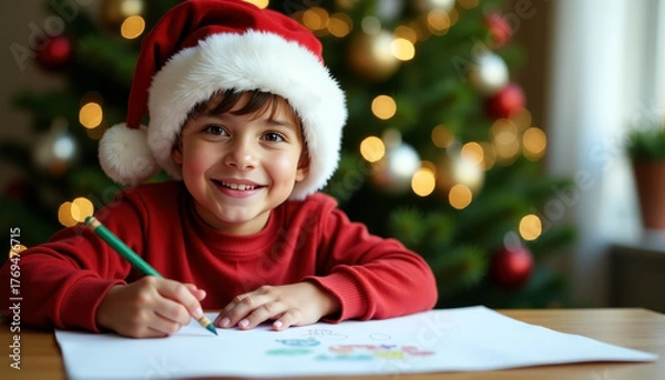 Fototapeta Festive child drawing, holiday art, christmas spirit with happy boy wearing santa hat, christmas tree in background, smiling kid creating colorful illustrations, joyful winter activity