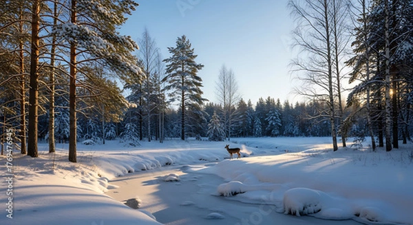 Obraz A serene winter landscape with snowcovered trees and a deer crossing a frozen stream in the forest