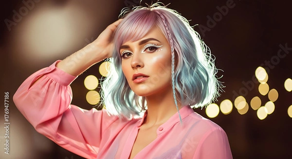 Obraz Portrait of a beautiful young woman with creative colorful hair and white eyeliner looking at camera