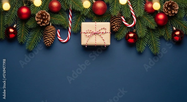 Fototapeta Festive christmas garland adorned with ornaments lights candy canes and a wrapped gift on a dark blue background