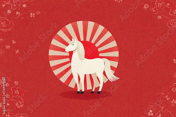 Obraz 赤い背景の白馬イラスト