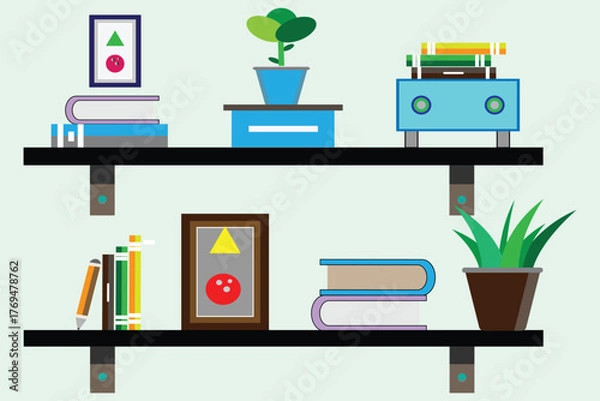 Obraz Illustration of two shelves with books, plants, and decorations against a light green background