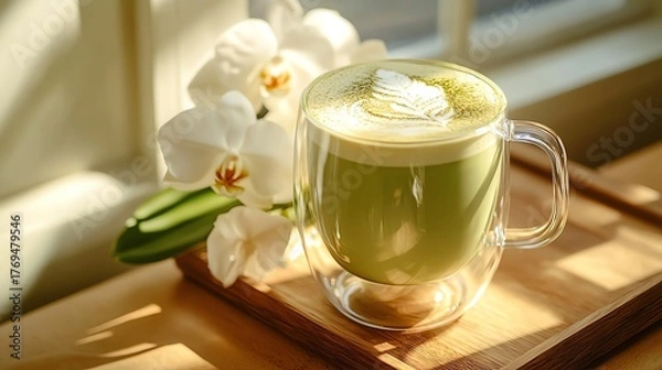 Fototapeta A closeup of a freshly brewed matcha latte in a clear glass mug