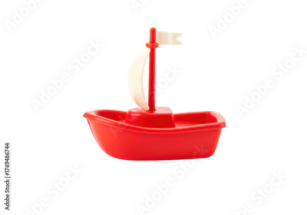 Obraz Isolated red toy sailboat for bath time, child's plastic toy boat with a sail, no background
