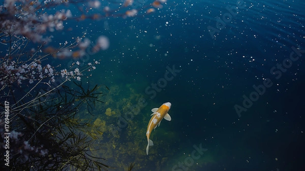 Fototapeta 夜桜の下を渡る星の鯉